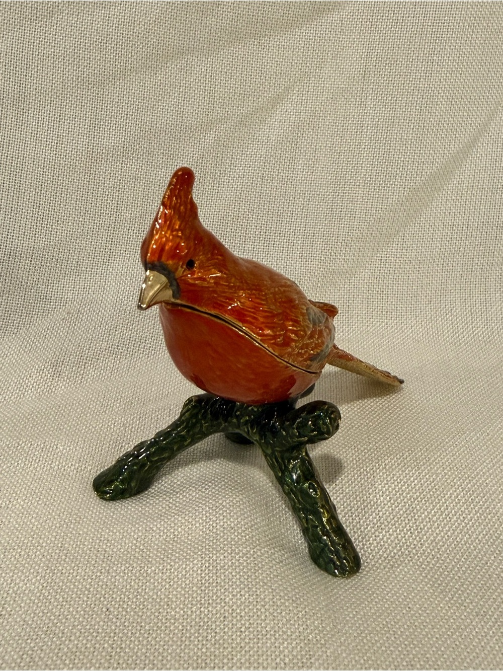 Decorative Orange Enameled Cardinal Perch with Green Branch Base Trinket Box